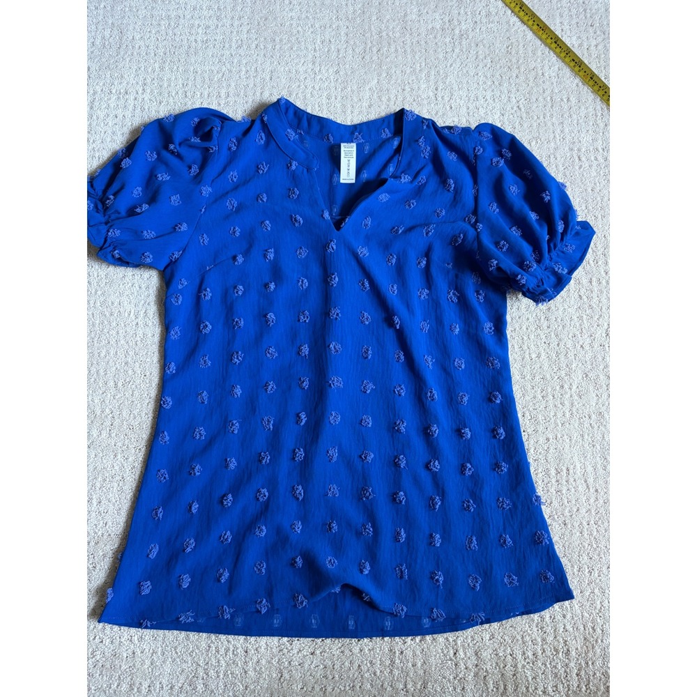 Blue Swiss Dot Puff Sleeve V-Neck Blouse Top Womens Large
